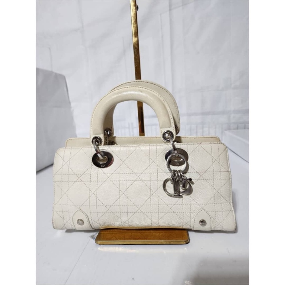 Authentic CHRISTIAN DIOR Calfskin Cannage Stitched Small Lady East West Lady Dio